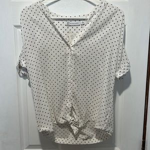 New York and Company White and Gold Polka Dot Blouse